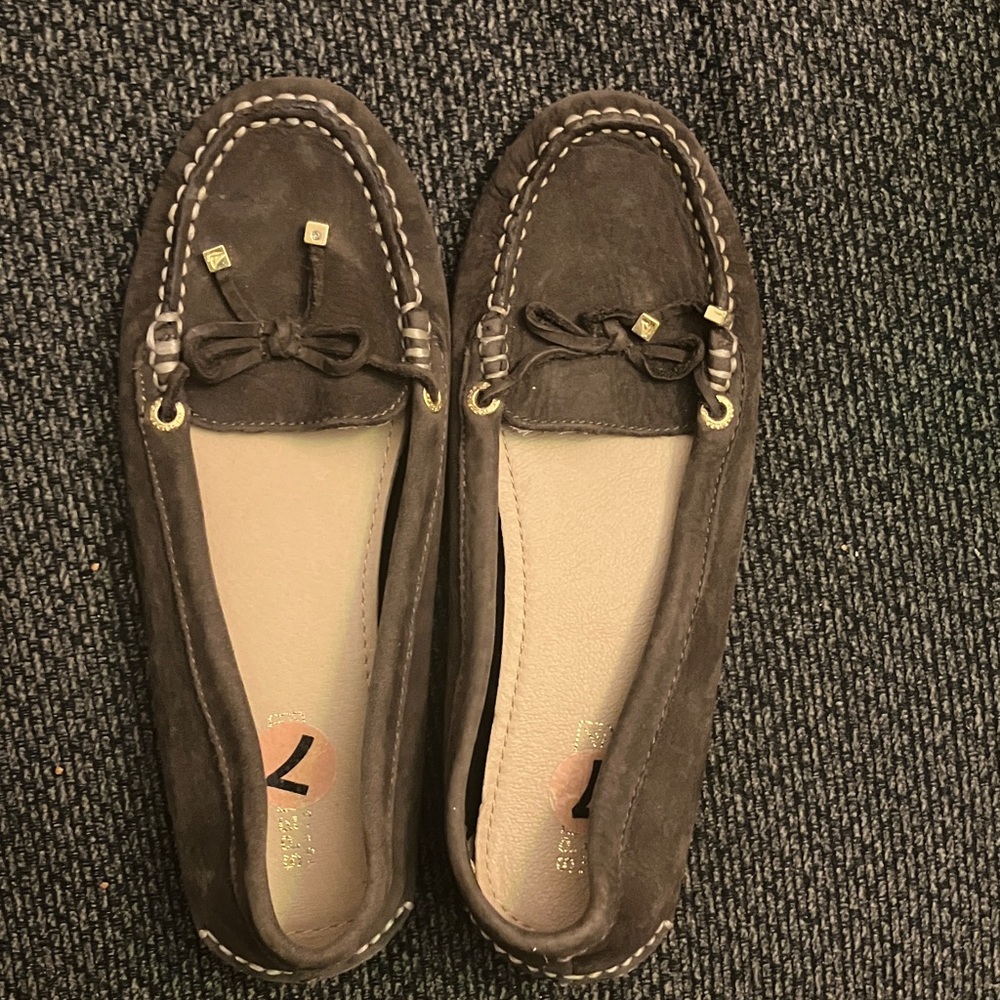 Sperry Chocolate Brown Suede Moccasins with Gold Accents